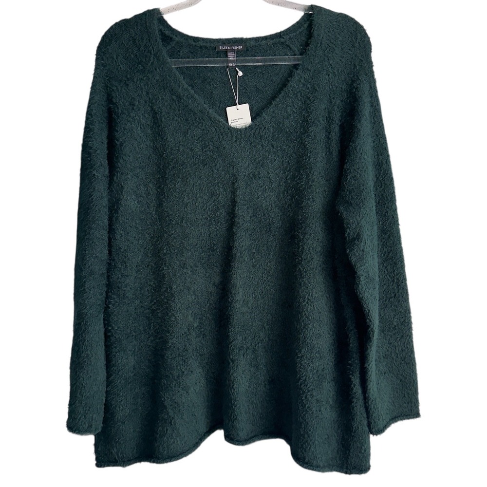 Eileen Fisher Size XL Pine Green V-Neck Sweater Organic Cotton Eyelash NWT‎